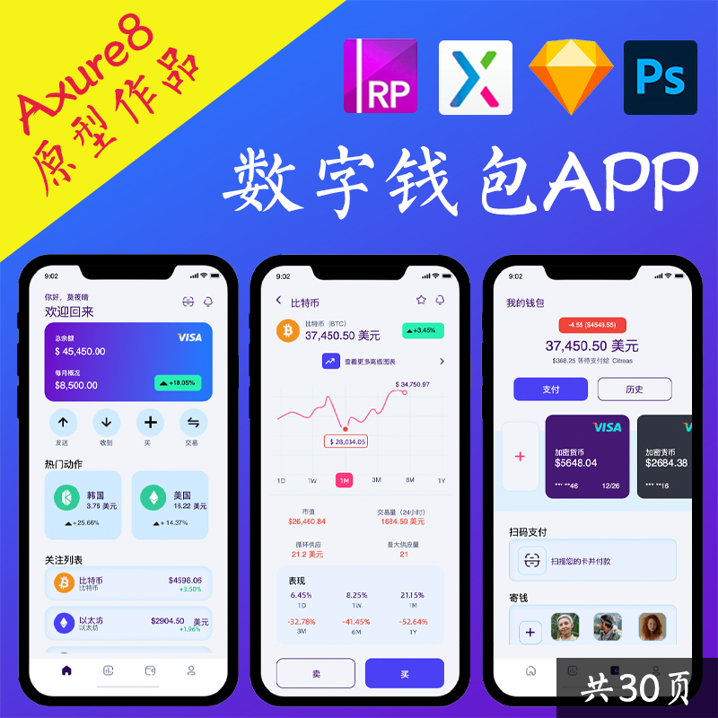 30页Axure高保真原型数字钱包统计分析买卖APP移动端ui设计稿.rp