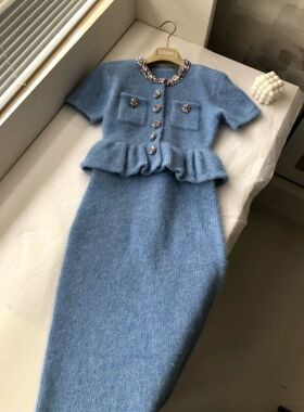 26早春新款薄雾蓝纽扣设计感圆领针织短袖连衣裙