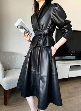 2025春秋新款设计感时髦大牌修身显瘦气质皮衣外套女真皮伞裙套装