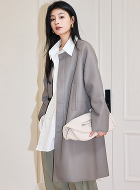 2025秋季新款高级宽松绵羊皮中长款轻涂层真皮风衣轻奢皮衣外套女