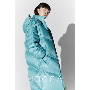 宽松连帽羽绒服外套女 新款 高端95白鹅绒亮面湖蓝加厚长款 2025冬季