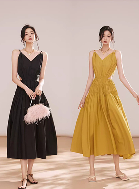 2025夏季新款优雅气质重工立体缩褶收腰大摆吊带连衣裙显瘦长裙女