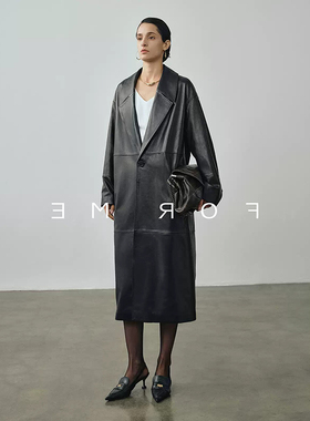 2025秋新款复古油蜡小羊皮西装领真皮衣女廓形男友风长款风衣外套