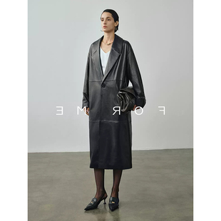 风衣外套 领真皮衣女廓形男友风长款 2025秋新款 复古油蜡小羊皮西装