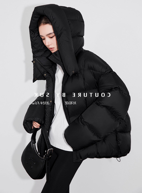 2025冬季新款流行泡芙鹅绒保暖羽绒服女帽子可拆卸宽松中长款外套