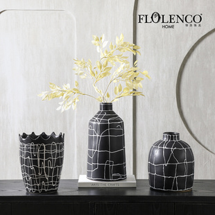 约手绘黑白线条几何艺术陶瓷花瓶家居客厅干花插花装 饰摆件