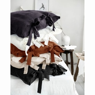 氛围感纯色亚麻枕头套家用亲肤枕皮宽绑带枕套单支装 48X74CM定制