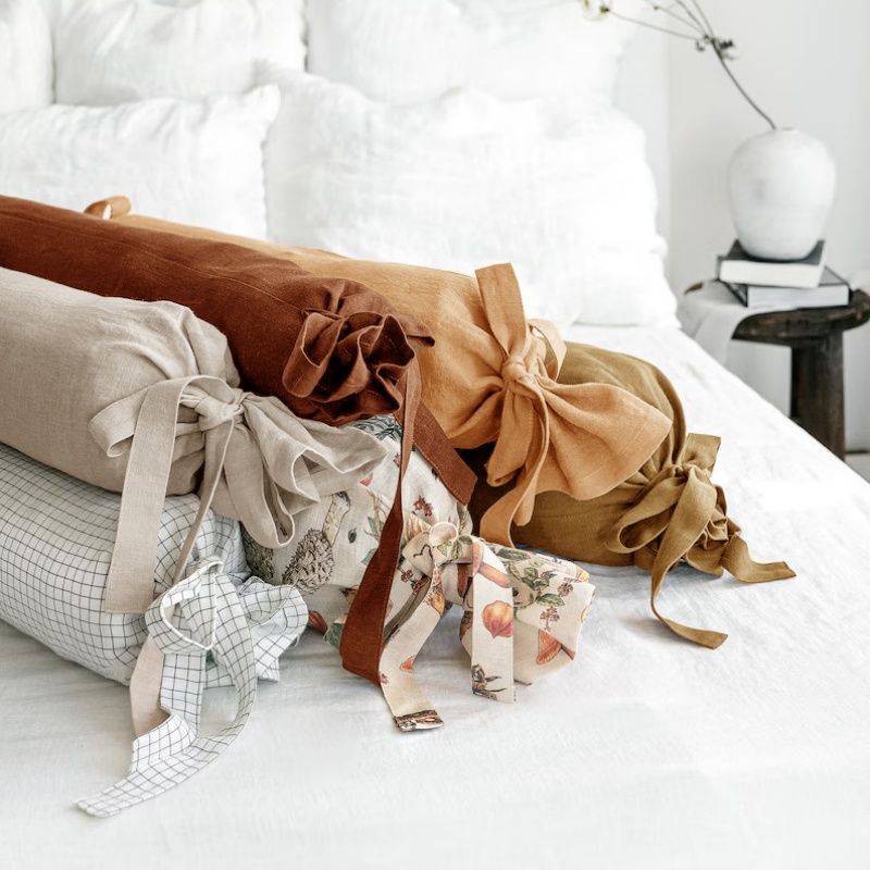 100%亚麻布艺纯色头枕颈椎枕护颈圆形枕套腰椎枕卧室软枕含芯定制