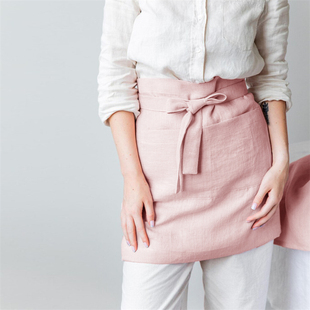 100%亚麻半身围裙女厨房做饭防污咖啡店纯色工作服简约腰部系带款