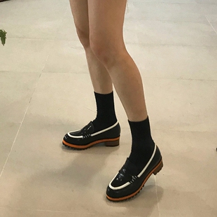 VASYAO韩版学院风海军蓝色小皮鞋女网红厚底百搭一脚蹬乐福鞋潮