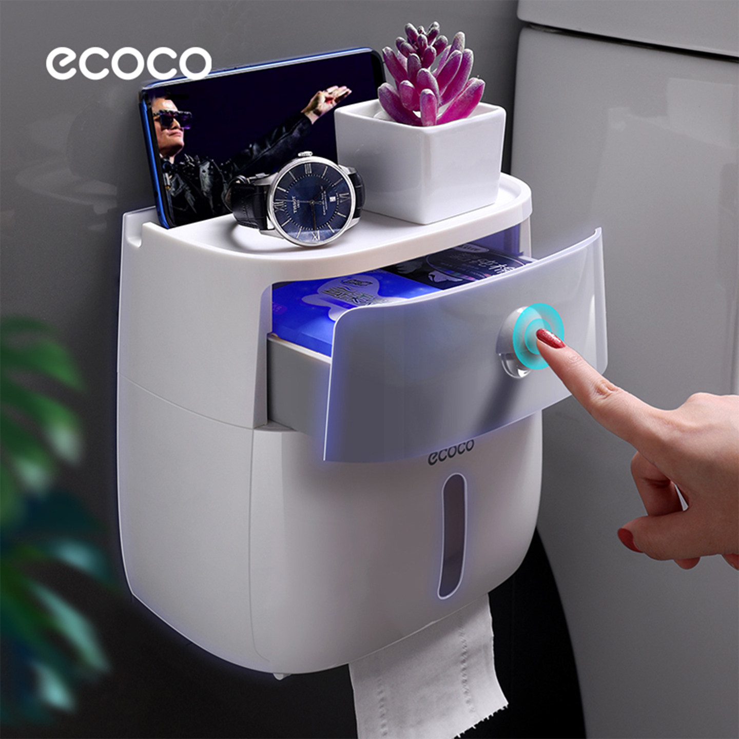 ecoco免打孔防水壁挂纸巾盒