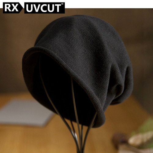 RX UVCUT黑色帽子男款秋冬季大头围羊绒毛线针织包头保暖堆堆帽女