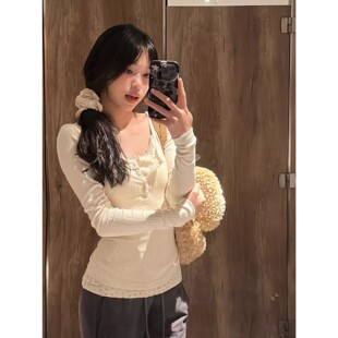 纯欲bm风蕾丝假两件打底衫女秋冬季法式高级感保暖内搭甜辣妹上衣