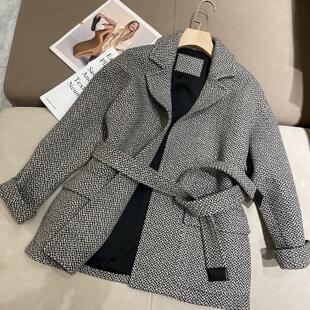 意大利LP定制面料人字纹羊毛亚麻混纺腰带款大衣外套中长款有口袋