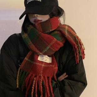 日本kazuki羊绒红色格子围巾女秋冬季2025新款加厚保暖圣诞氛围感