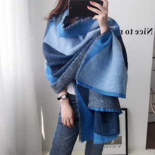 日本kazuki秋冬2024新款围巾女款蓝色羊绒羊毛加厚保暖披肩围脖潮