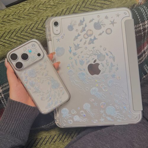适用DIY海洋水母ipad保护壳iPad12平板壳iPadair8保护套11寸13寸air5带笔槽10苹果11代a16第9代Pro亚克力防弯