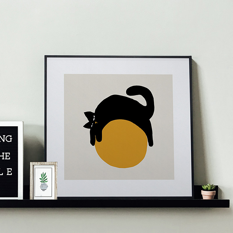 黑猫与黄皮球 韩国插画师傲娇猫咪方形装饰画芯进口艺术纸ins海报