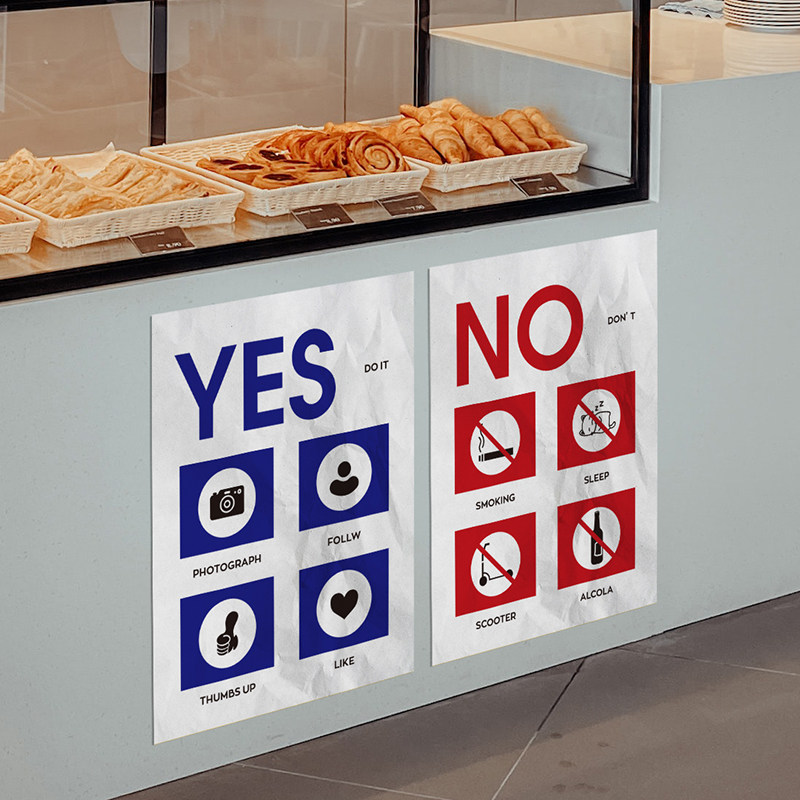 yes and no | 韩国撞色红蓝 禁止吸烟 可以拍照 甜品店有趣海报