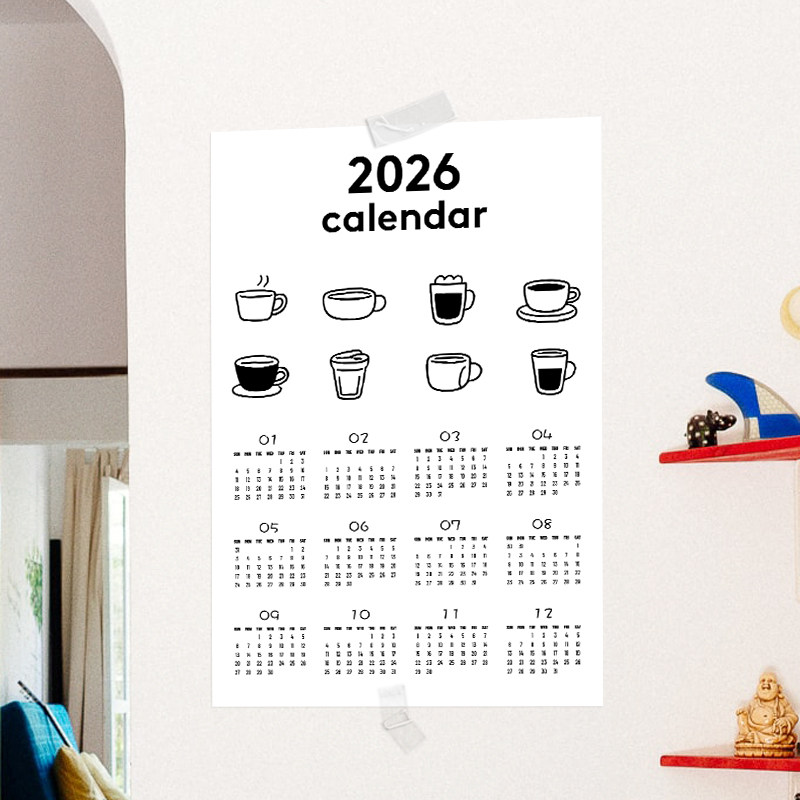 2026咖啡店年历 新年海报墙上画报月历贴纸 马年春节日历装饰画