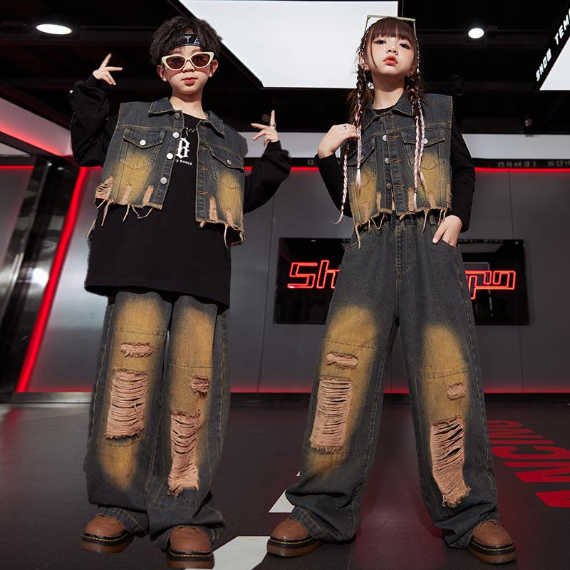儿 童街舞服男孩嘻哈hiphop演出服牛仔马甲架子鼓服装女孩爵士舞