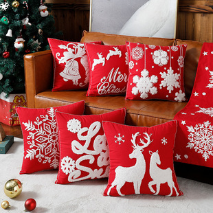 饰圣诞节纯棉毛巾刺绣沙发靠枕套卡通麋鹿雪花抱枕套 沙发抱枕装
