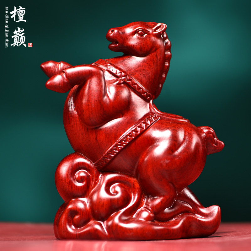 红花梨木雕唐马摆件实木生肖马工艺品新中式家居客厅办公桌面装饰
