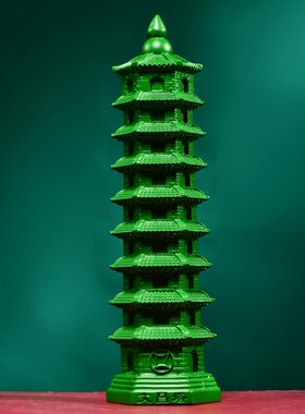 绿色木雕九层文昌塔摆件实木装饰
