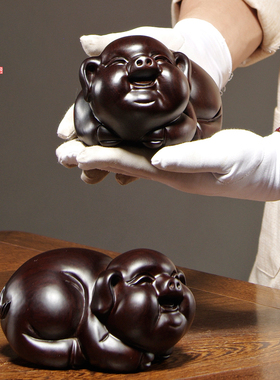 黑檀实木质生肖猪雕刻摆件家居客厅博古架办公室装饰红木工艺礼品