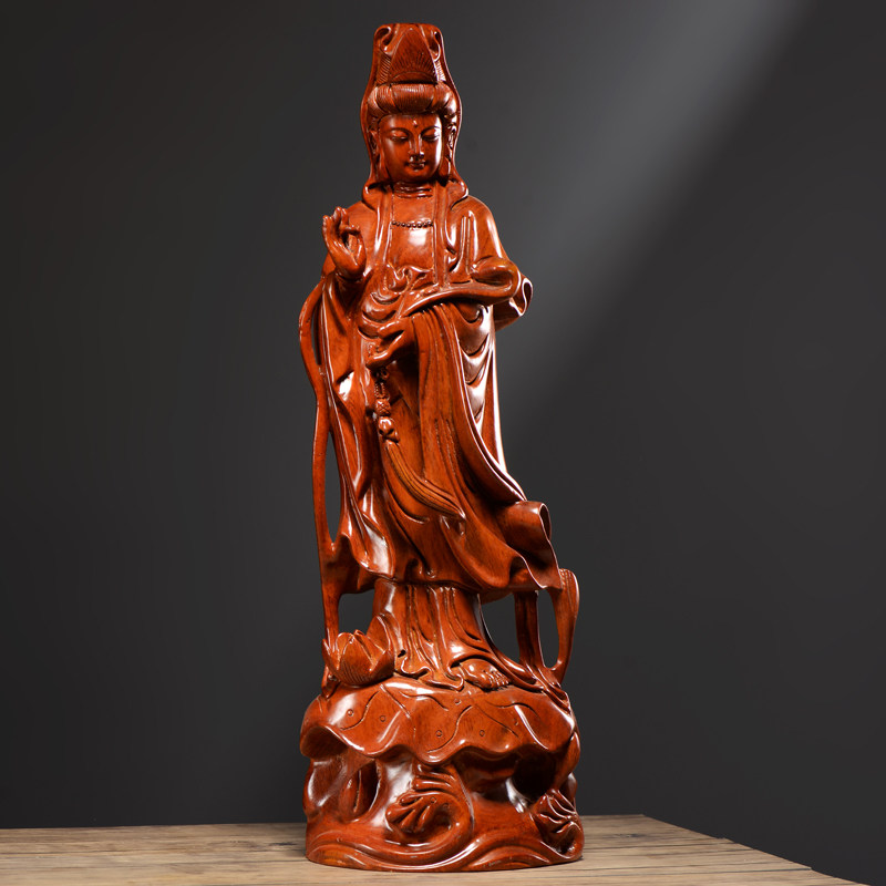 花梨木雕观音菩萨佛像摆件实木如意观世音家居客厅玄关装饰工艺品