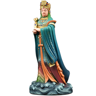 实木雕刻彩绘妈祖神像摆件新中式天上圣母家居客厅玄关装饰工艺品