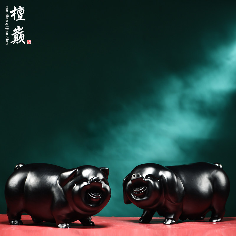 黑色实木雕刻猪摆件木质十二生肖猪装饰家居客厅柜台桌面摆设礼品