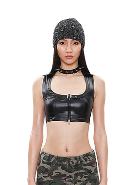 NOLA* Zippered Leather Top“黑武士”黑色皮背心拉链吊带
