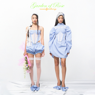 条纹镂空网纱鱼骨吊带宽松衬衣花苞裙套装 法式 女 蕾丝蓝梦 NOLA