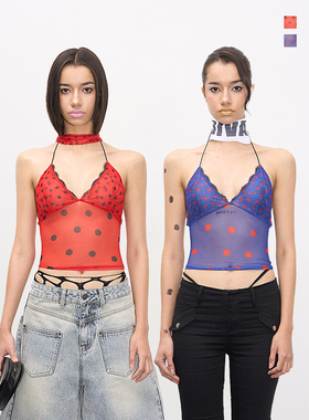 NOLA 波点网纱微透性感细肩带挂脖背后绑带百搭吊带上衣女