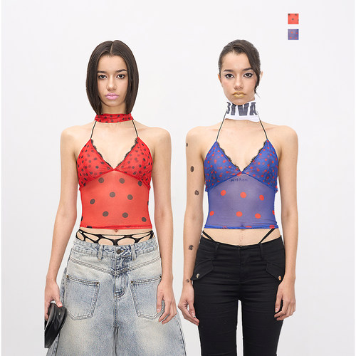 NOLA 波点网纱微透性感细肩带挂脖背后绑带百搭吊带上衣女