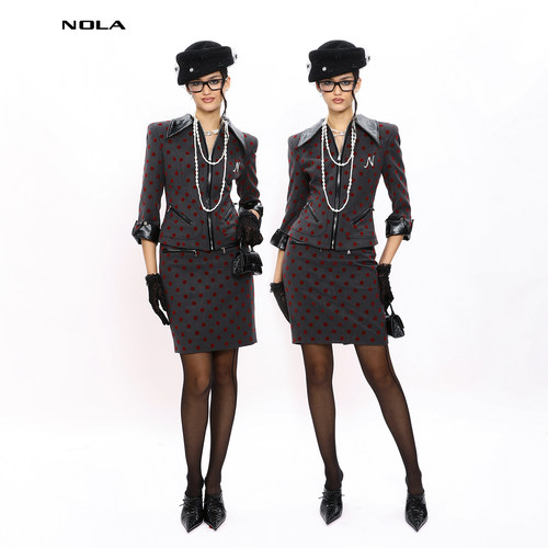 NOLA*Lady Suit 法式波点小香风名媛感拼皮显瘦西装上衣套装女