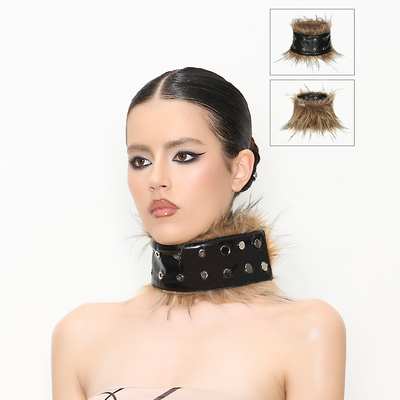 NOLA 小众朋克金属铆钉皮质宽choker拼接皮草毛毛脖套臂环单品