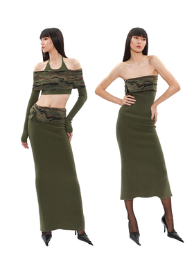 NOLA*Camo Knit Set毛织一字肩迷彩针织套装/抹胸裙