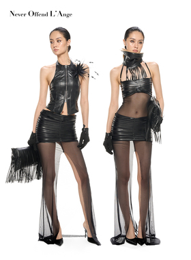 NOLA 皮质绑带分割网纱吊带紧身弹力性感黑色吊带连衣裙