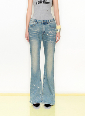 NOLA 散落珍珠 手工钉珠版型复古水洗修身直筒牛仔裤