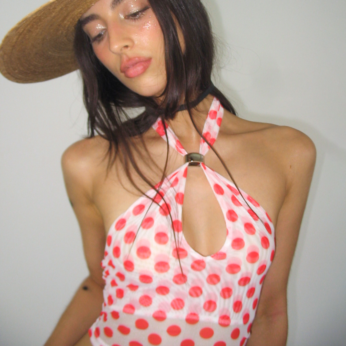 NOLA 尼斯红色波点 两穿金属扣挂脖显瘦露背U领背心吊带上衣