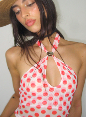 NOLA 尼斯红色波点 两穿金属扣挂脖显瘦露背U领背心吊带上衣