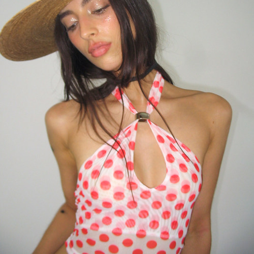 NOLA 尼斯红色波点 两穿金属扣挂脖显瘦露背U领背心吊带上衣