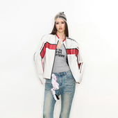 NOLA 赛车风黑白红撞色拼接廓形宽松立领复古皮衣机车夹克