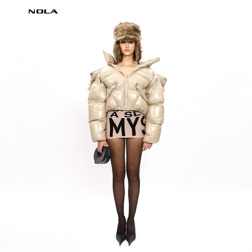 NOLA*Hoodie Jacket 穿上卡戴珊 卡其色亮面可拆卸拉链面包棉服