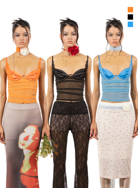 NOLA*Lace Top 蓝/黄/黑薄荷曼波法式蕾丝软钢圈丝绸网纱透视吊带