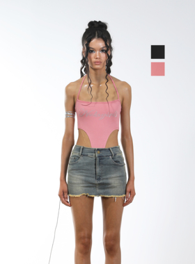 NOLA*Pink Barbie Croptop甜蜜芭比烫钻挂脖吊带