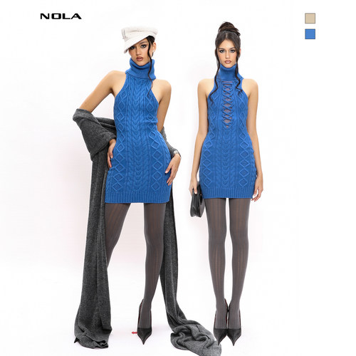 NOLA*Sweater Dress 克莱因蓝/卡其棕 正反两穿镂空蕾丝连衣裙