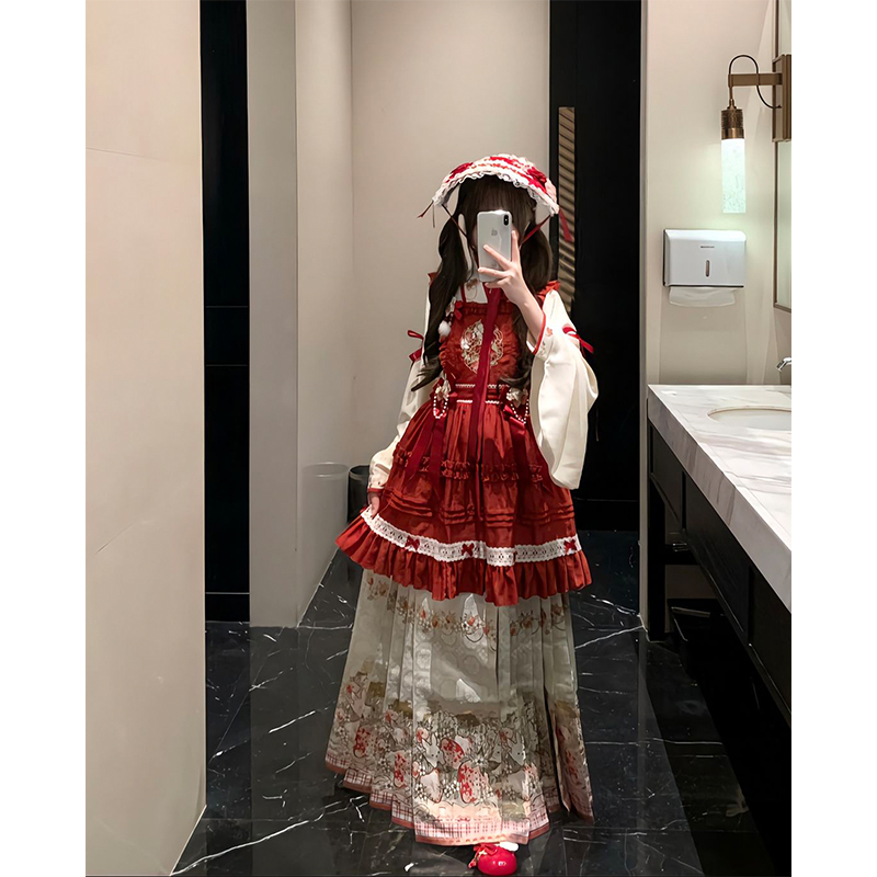 红色汉洋折衷汉服女交领琵琶袖马面裙洛丽塔Iolita裙甜美优雅秋冬